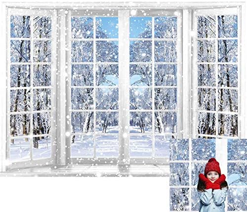 Allenjoy 7x5ft Зимния Фон за Снимки и Красива Природа Снежен Пейзаж от Френски прозорци Фон за Деца Детска Семейство Коледа честита Нова Година Декор за Парти Банер Портр