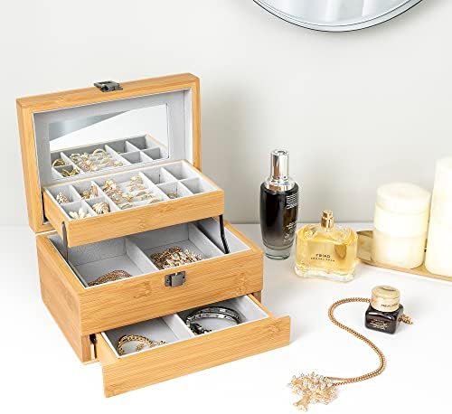 YOAYO Ковчег за Бижута от Естествен Бамбук с Огледало, 3 пласта, Органайзер за Бижута с Ключ, Кутия За Съхранение