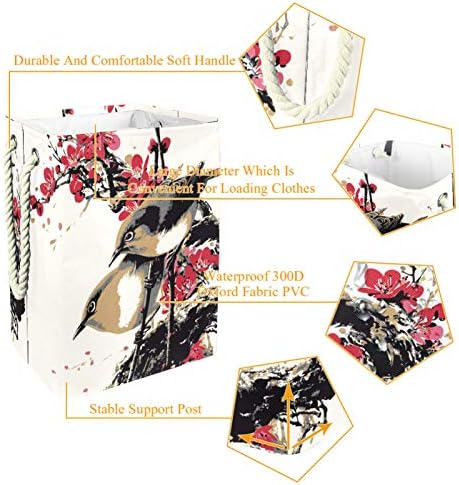 Кошница за дрехи Китайски Перца с цветя, Сливи Сгъваема Кошница за съхранение на бельо с Дръжки Подвижни Скоби