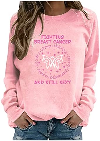 Жена Пуловер с кръгло деколте и дълъг ръкав, Hoody, Тениска За Осъзнаване на рак на млечната жлеза, Спортни