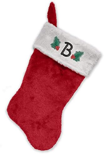 Коледни чорапи с бродирани мен монограм, Червено-бял плюш, Инициал B
