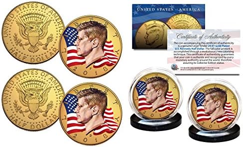 Раскрашенный Струящийся флаг 2018 JFK 2-Набор от монети С Позлатени 24-КАРАТОВО - и Двата вида P & D Mint