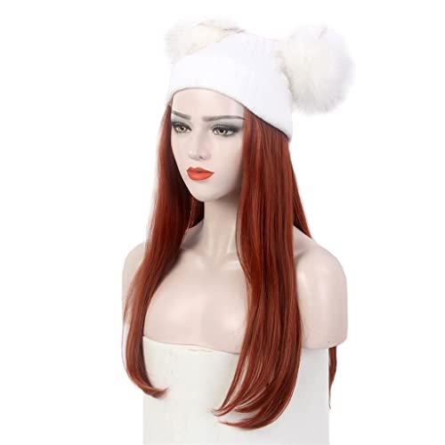 Дамски шапка за коса, бяла вязаная шапка с двойно топка, перука, зимна топла дълга права червена шапка за перука