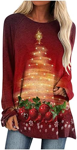 Тениска с весела Коледа за Жени, Тениски с Кръгло Деколте и Принтом Дърво, Ежедневни Риза Raglan с Дълъг Ръкав,